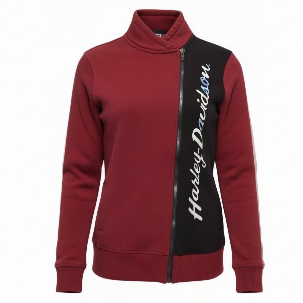 Harley-Davidson Womens M Bordeaux Red Black Asymmetric Zip Fleece Jacket